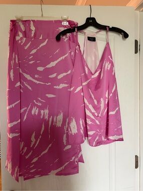 VICI Pink & White Abstract Printed Slip Dress and Midi Skirt Set